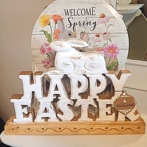 SOLID WOOD HAPPY EASTER DISPLAY MADE IN THAILAND BIG AT 16X11 NWT